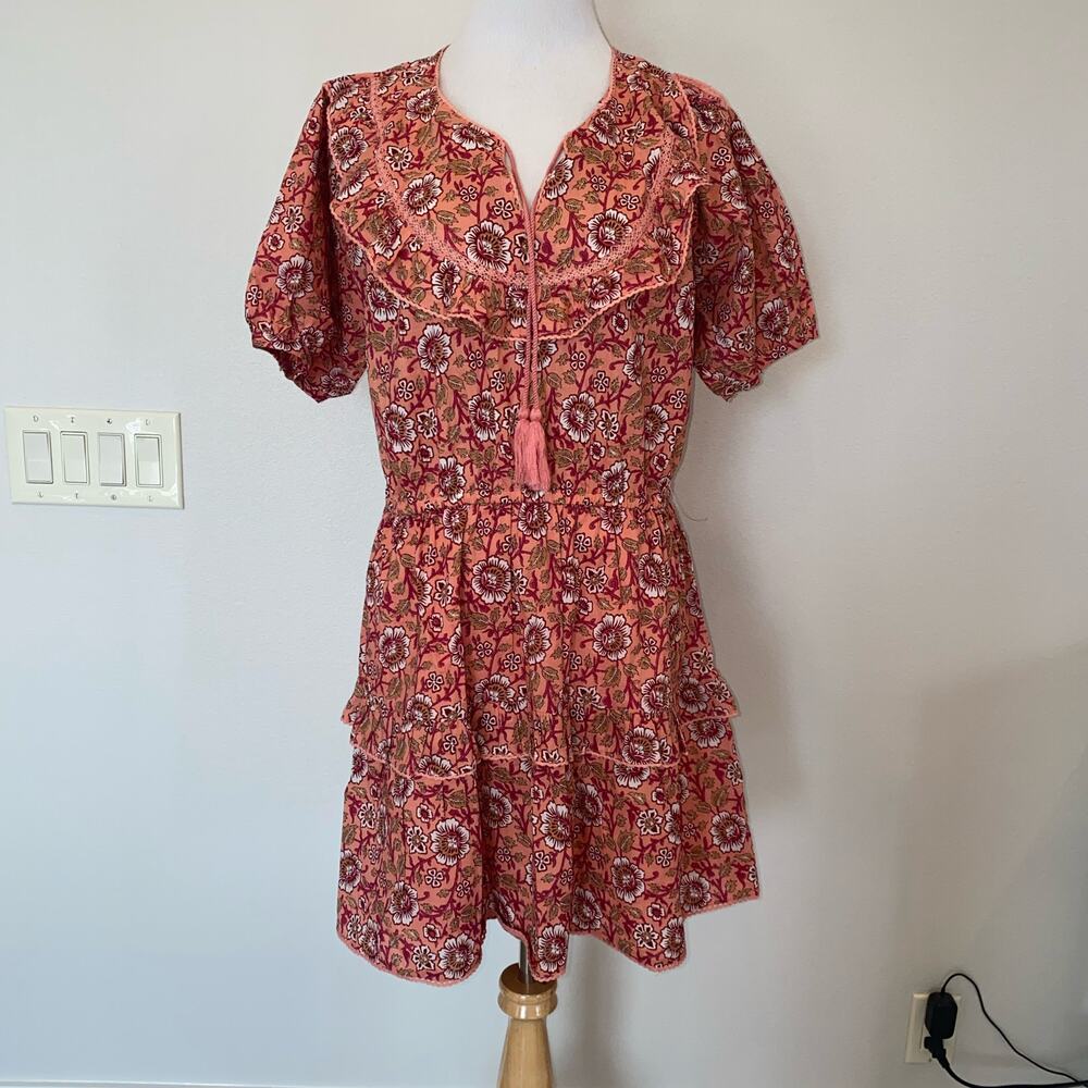 Maisie Dress Floral Pink  Boho Tassel Tie at Neck S/S Size XL